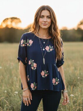 Rena for Ajio L Top Baby Doll Peplum Blue Embroidered Floral Flowy Boho Chic